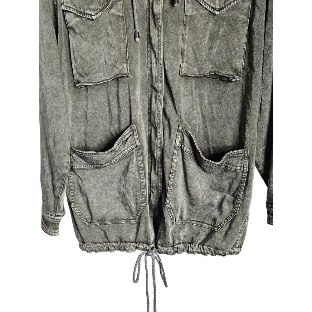 Splendid Sateen Anorak Grunge Green Hooded Zip Jacket Utility Pockets Women L - Picture 6 of 10